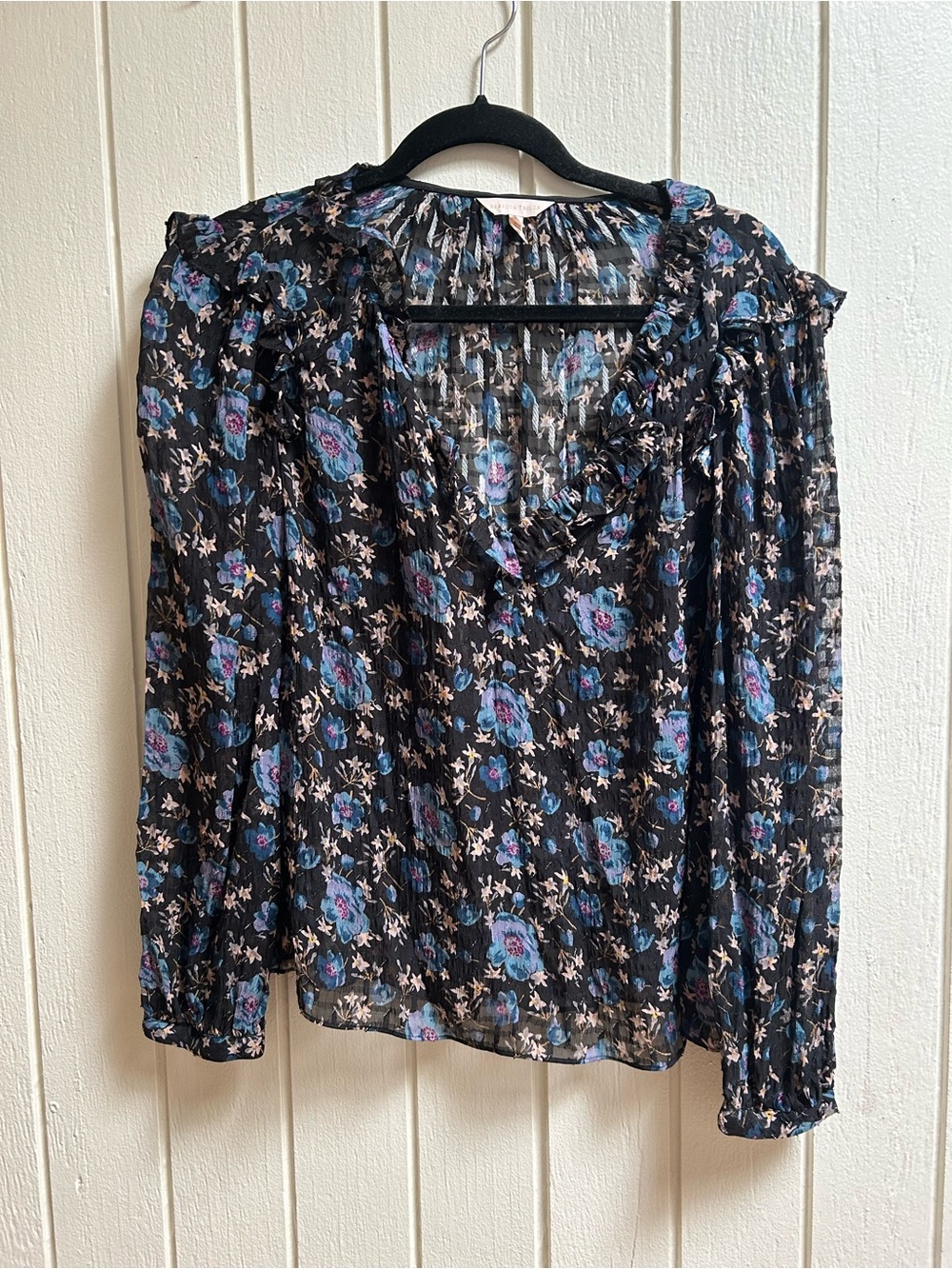 Rebecca Taylor Sheer Black Floral Ruffle V-Neck Blouse